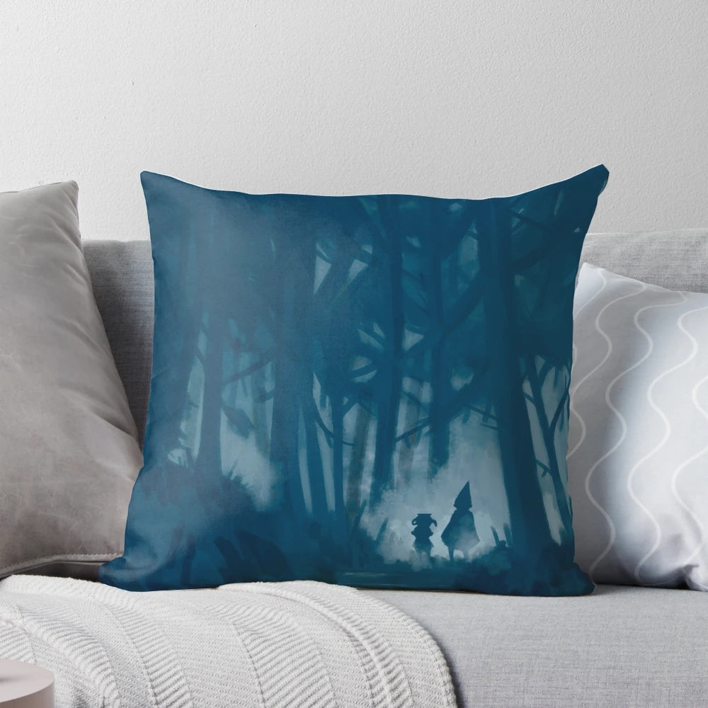 Over the Garden Wall themed pillow featuring a nighttime forest scene with boys in a dark, blue-toned landscape