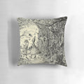 Over the Garden Wall themed throw pillow featuring characters Wirt, Greg, Beatrice, and the Beast in an autumn forest setting