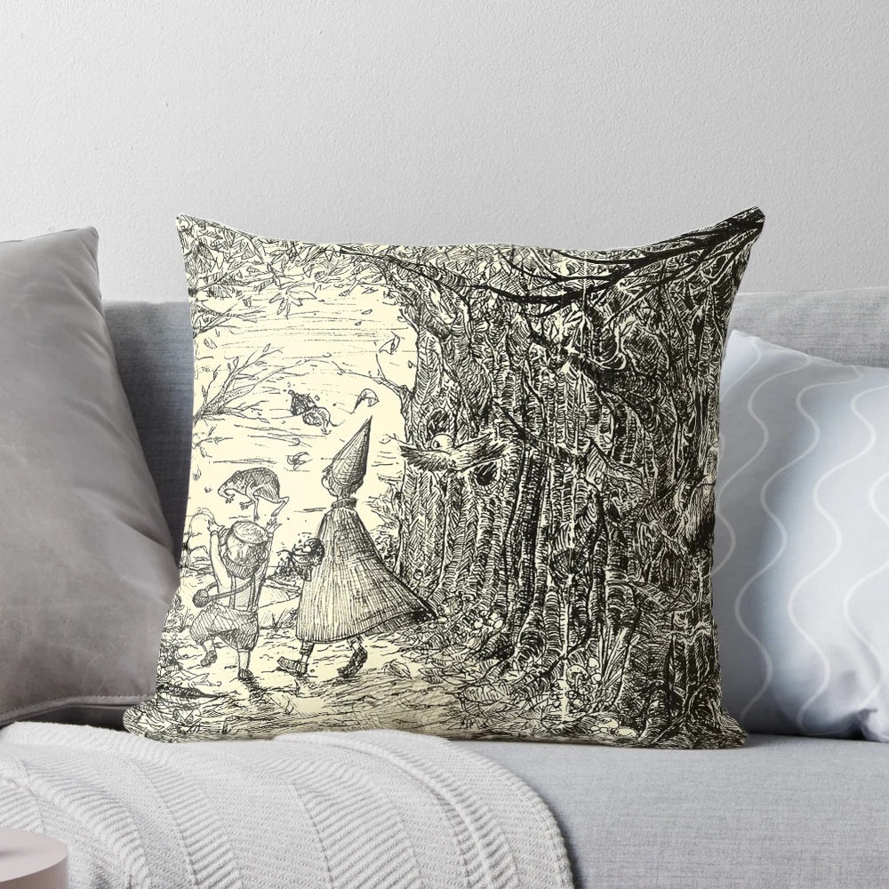 Over the Garden Wall themed throw pillow featuring characters Wirt, Greg, Beatrice, and the Beast in an autumn forest setting