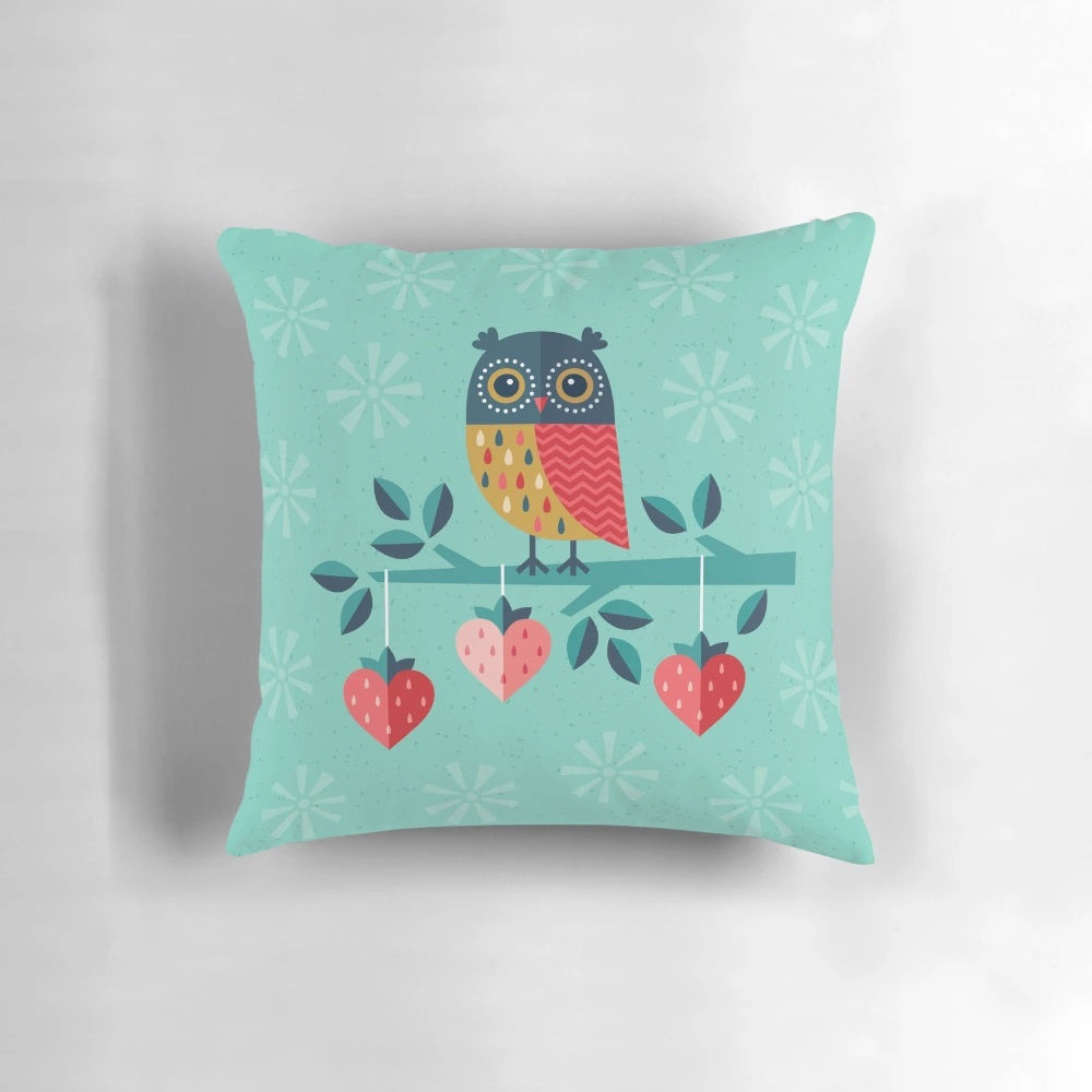 Adorable owl-themed decorative pillow with hearts and strawberries, perfect for Valentine's Day or any romantic occasion.