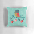 Adorable owl-themed decorative pillow with hearts and strawberries, perfect for Valentine's Day or any romantic occasion.