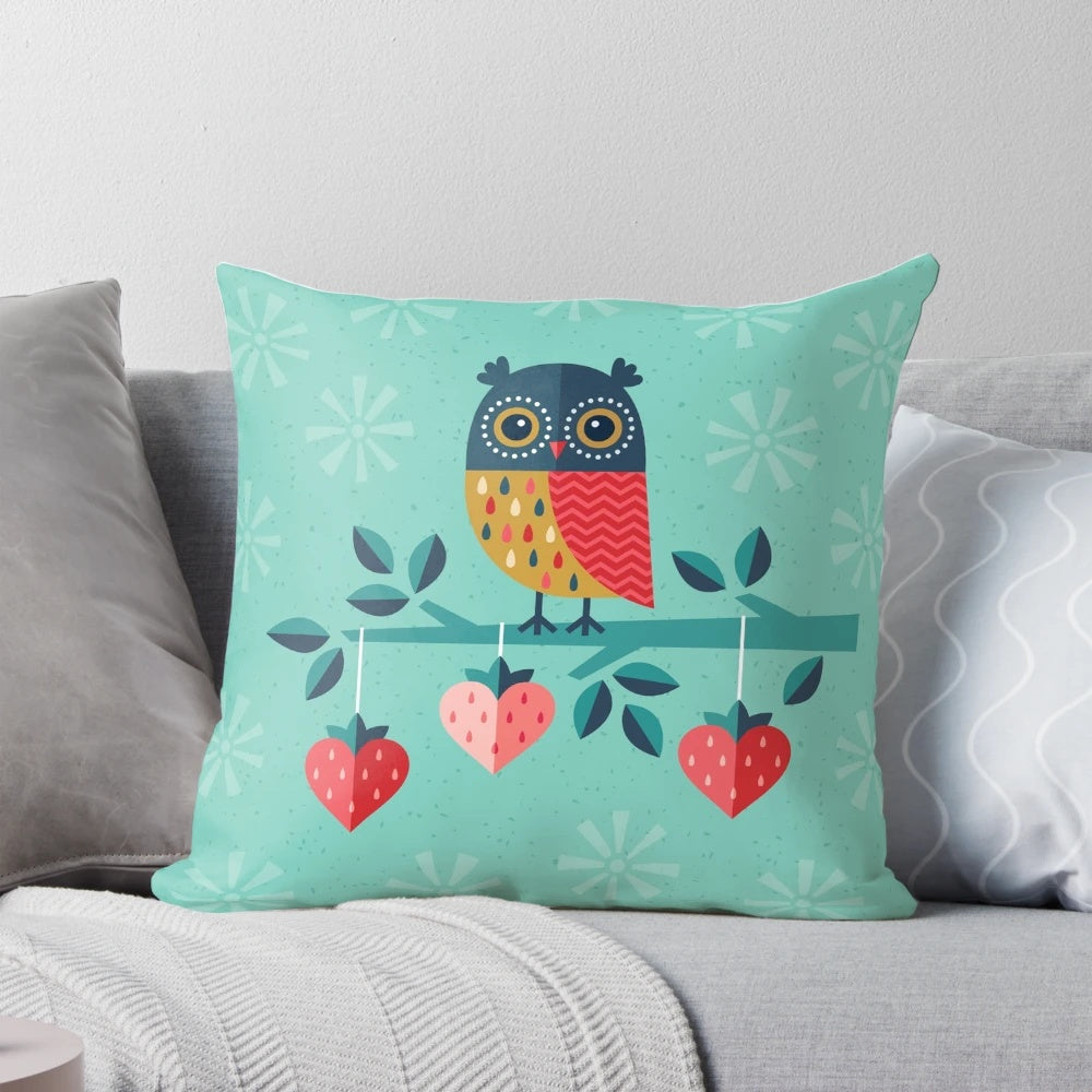Adorable owl-themed decorative pillow with hearts and strawberries, perfect for Valentine's Day or any romantic occasion.