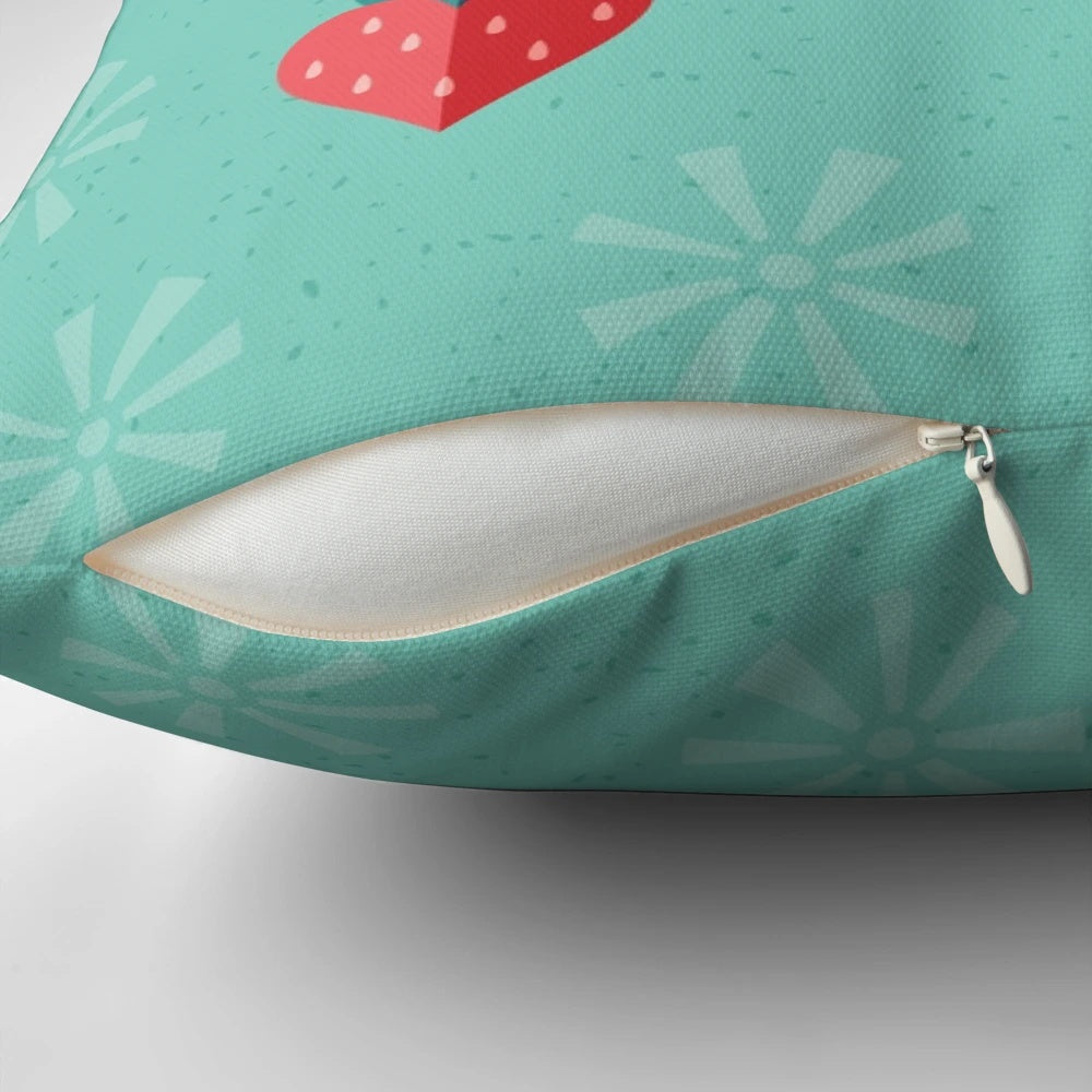 Adorable owl-themed decorative pillow with hearts and strawberries, perfect for Valentine's Day or any romantic occasion.