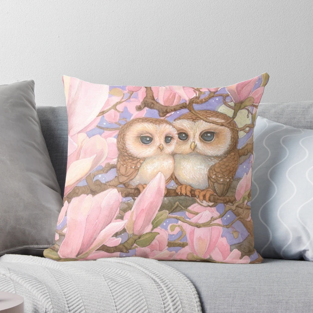Soft, plush owl-themed pillow with a beautiful floral and tree design, perfect for adding a touch of nature to your home.