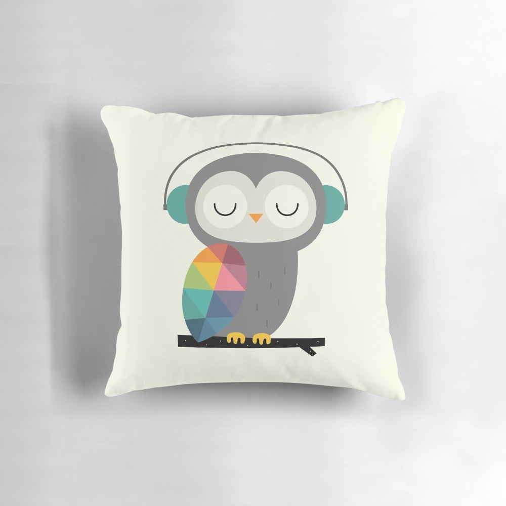 Soft, plush owl-themed pillow in a whimsical rainbow design, perfect for kids' rooms or home decor.
