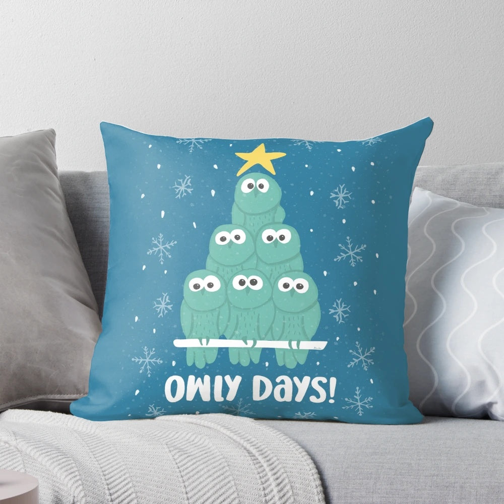 A plush, decorative pillow featuring a group of adorable owls in a winter scene