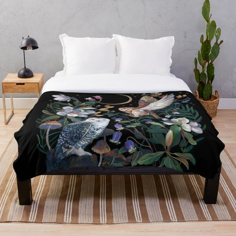 Owls night garden plush blanket with floral and nature design