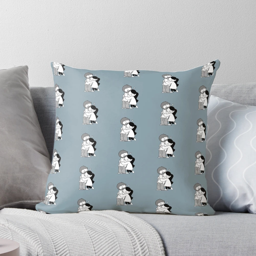 A plush, cuddly pillow in the shape of two people hugging, perfect for cozy pajama nights.
