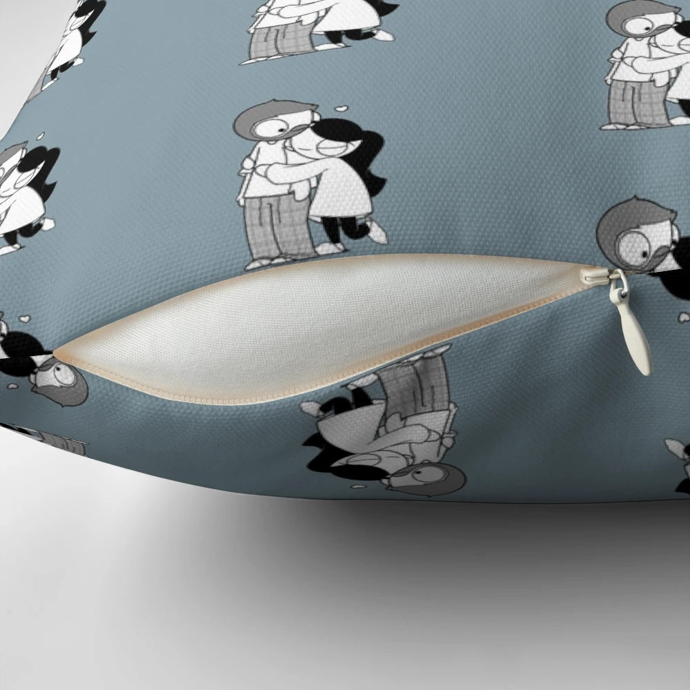A plush, cuddly pillow in the shape of two people hugging, perfect for cozy pajama nights.