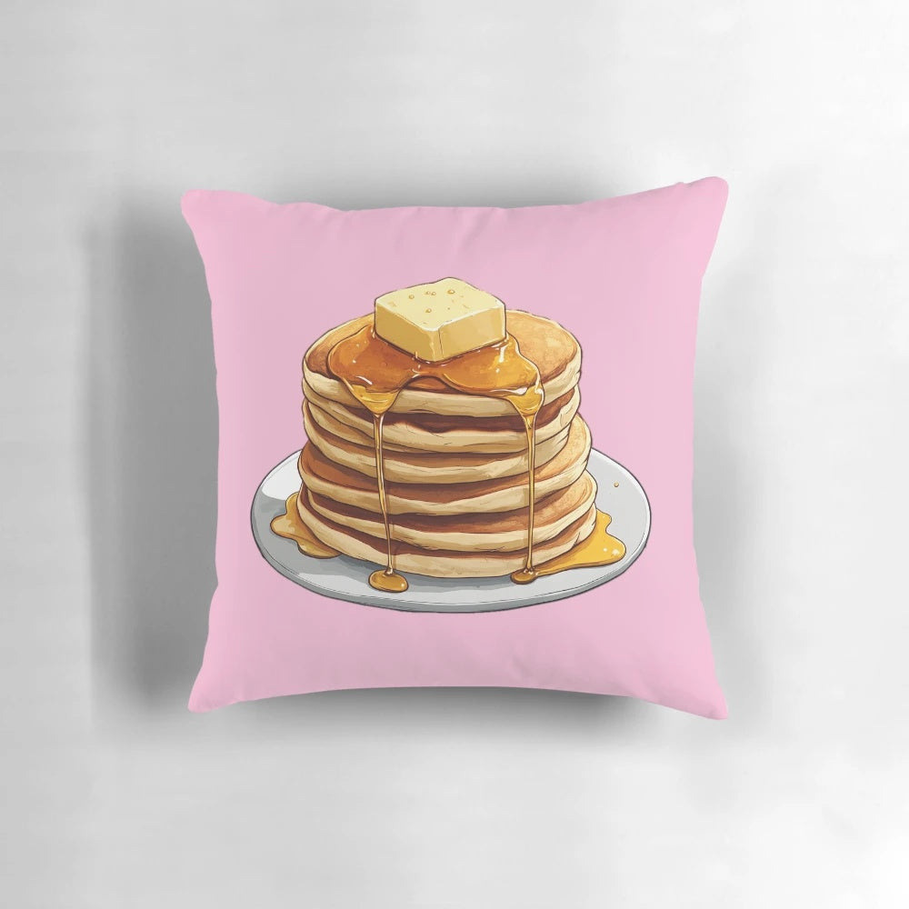 Pancake-shaped pillow with a fluffy, delicious appearance.