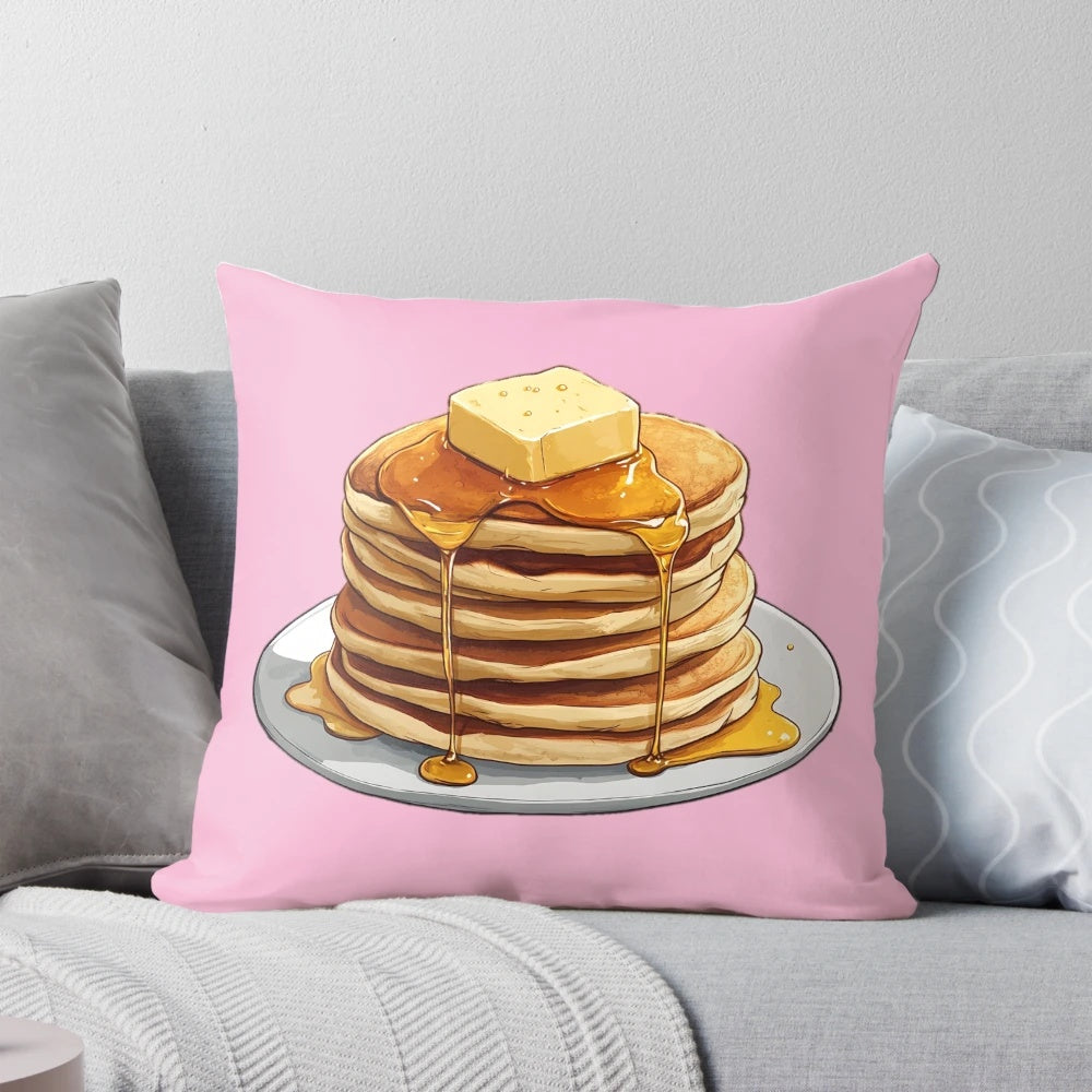 Pancake-shaped pillow with a fluffy, delicious appearance.
