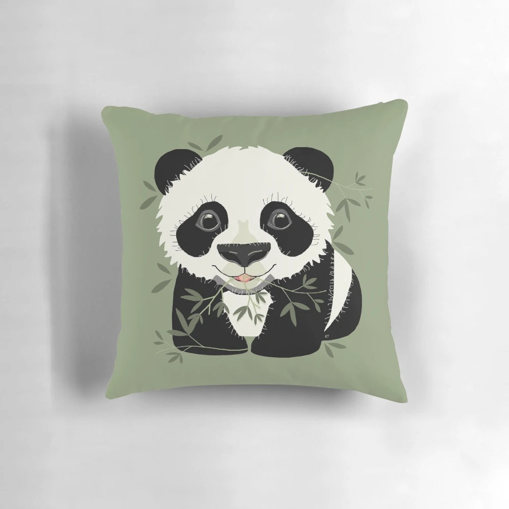 Olive green panda bear pillow made with soft bamboo fabric