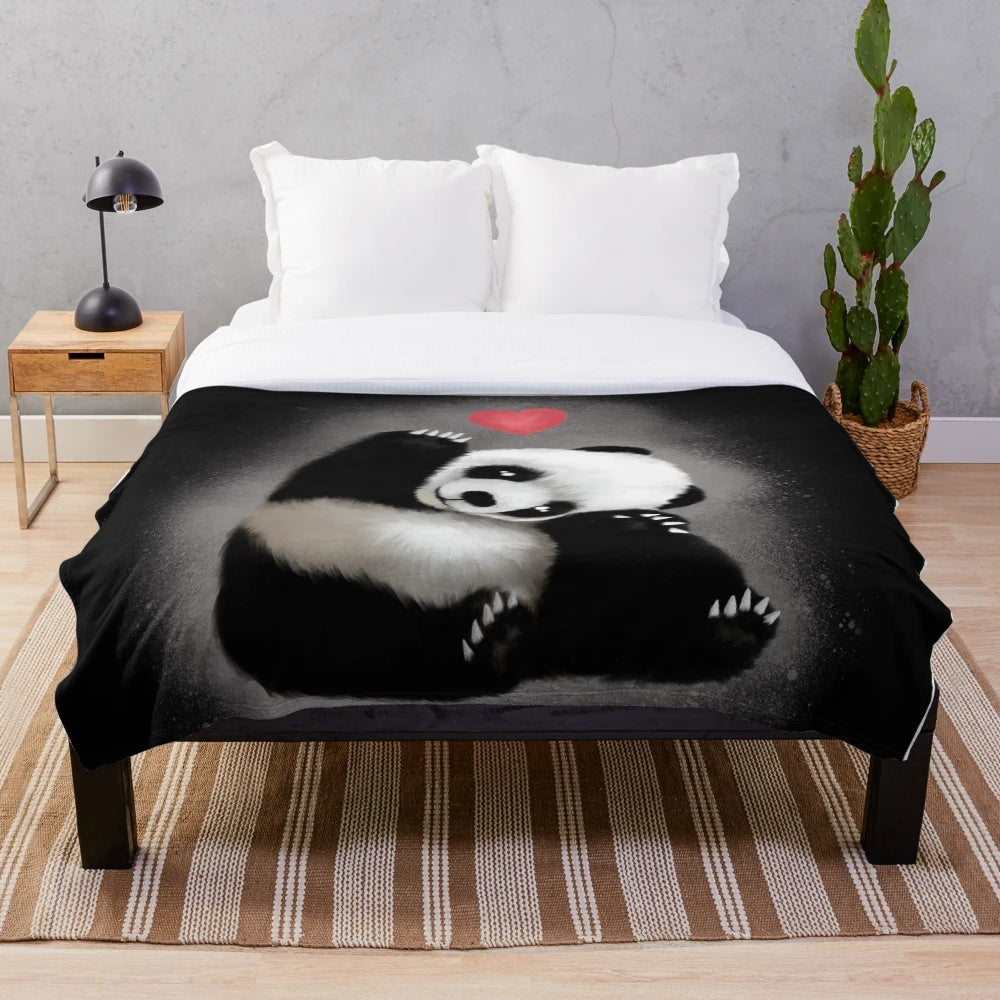 Panda plush blanket with a minimalist heart design