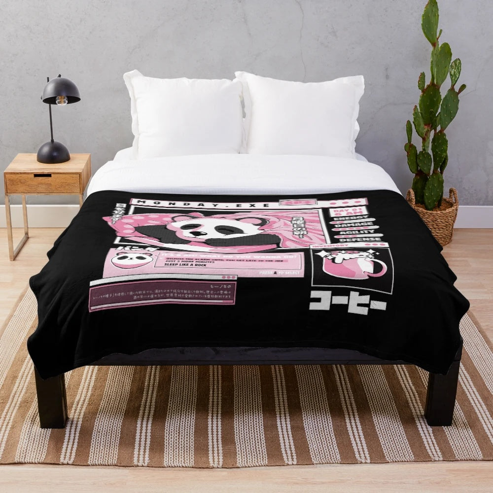 Panda plush blanket with a retro gaming and internet culture design
