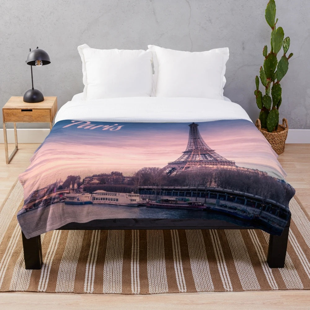 Plush Paris-themed blanket featuring the iconic Eiffel Tower