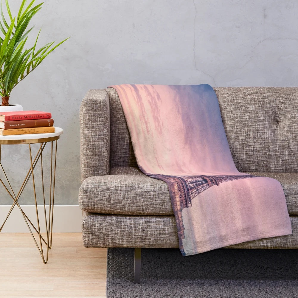 Plush Paris-themed blanket featuring the iconic Eiffel Tower