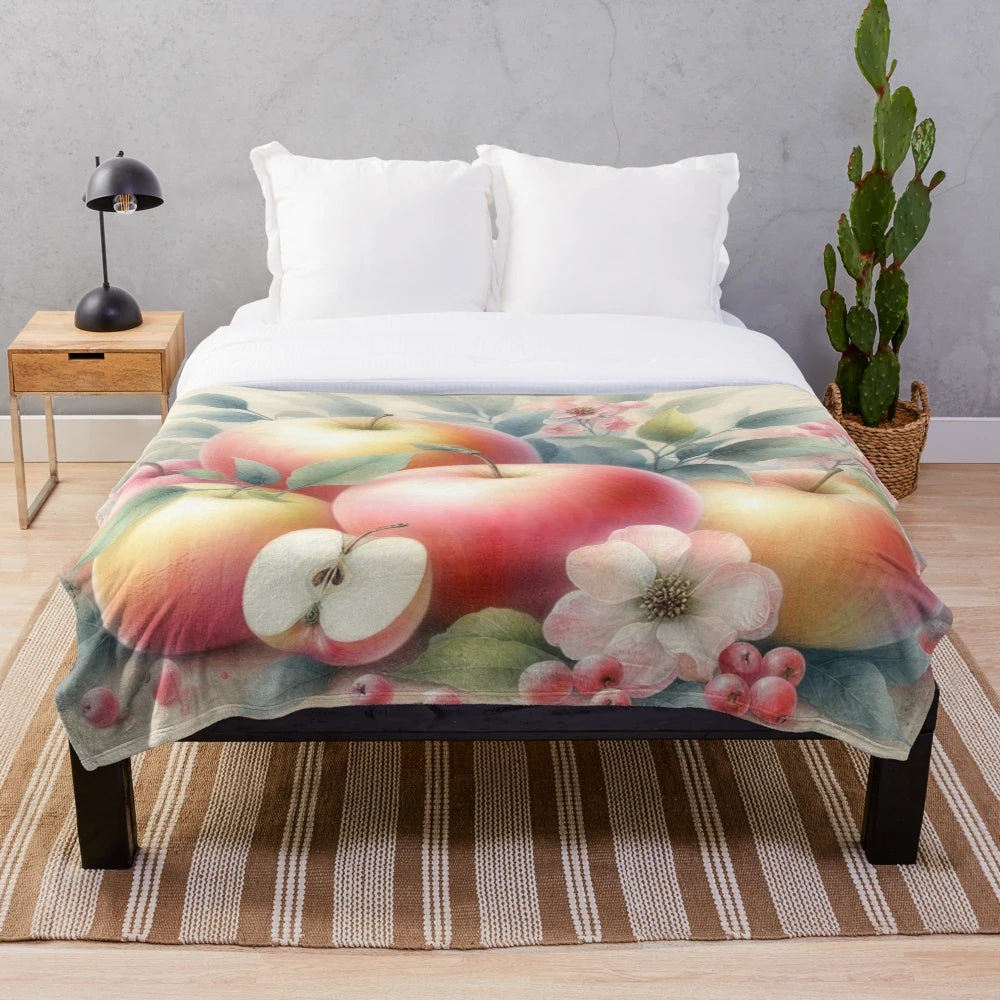 Cozy pastel watercolor painting of fall apples and flowers on a plush blanket