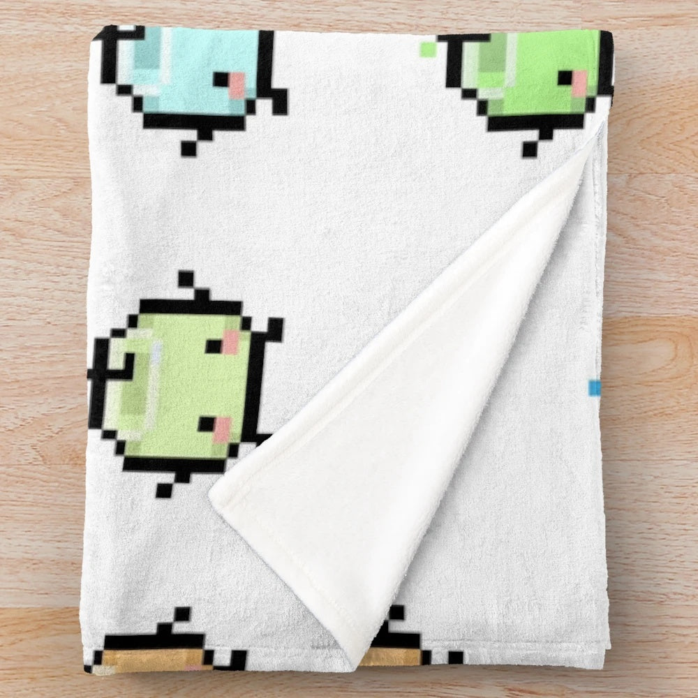 Pastel Junimos plush blanket featuring pixel art from the game Stardew Valley