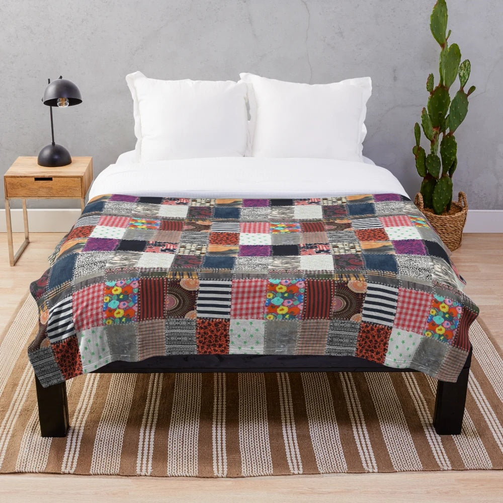 Patchwork plush blanket in multicolor design