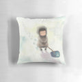 Patience Pillow featuring an illustration of Inuit children fishing in a snowy, Arctic landscape