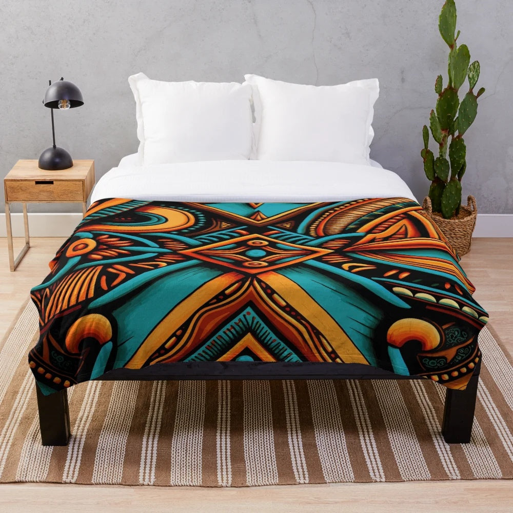 Cozy patterned plush blanket with motifs inspired by African culture