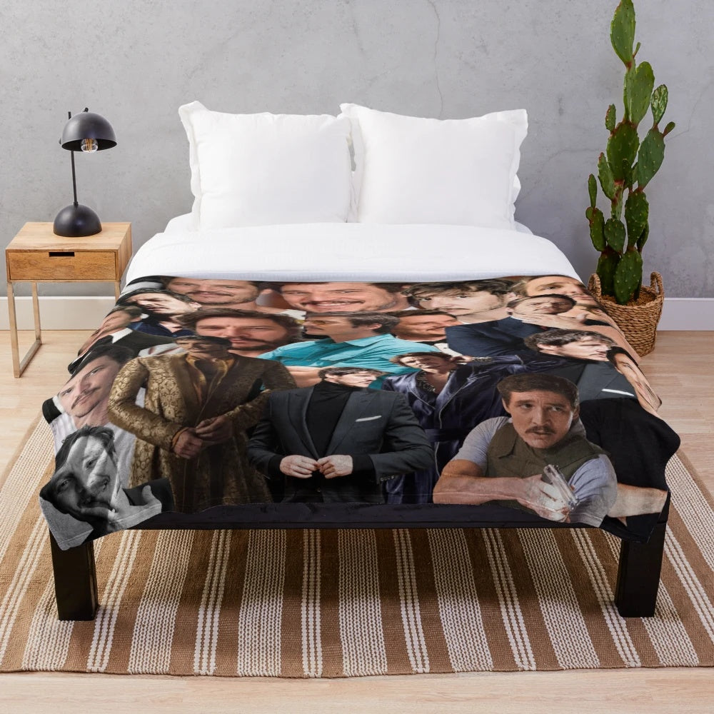 Soft and cozy plush blanket featuring a collage of photos of Pedro Pascal