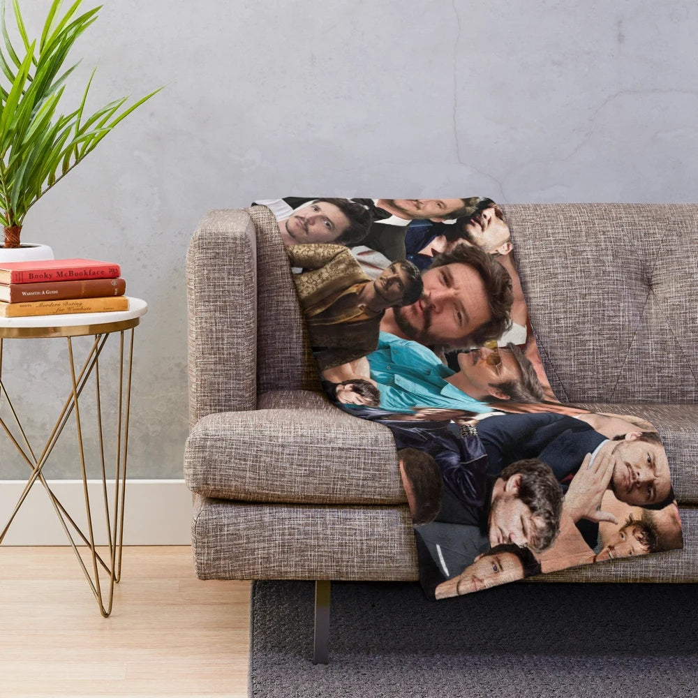 Soft and cozy plush blanket featuring a collage of photos of Pedro Pascal