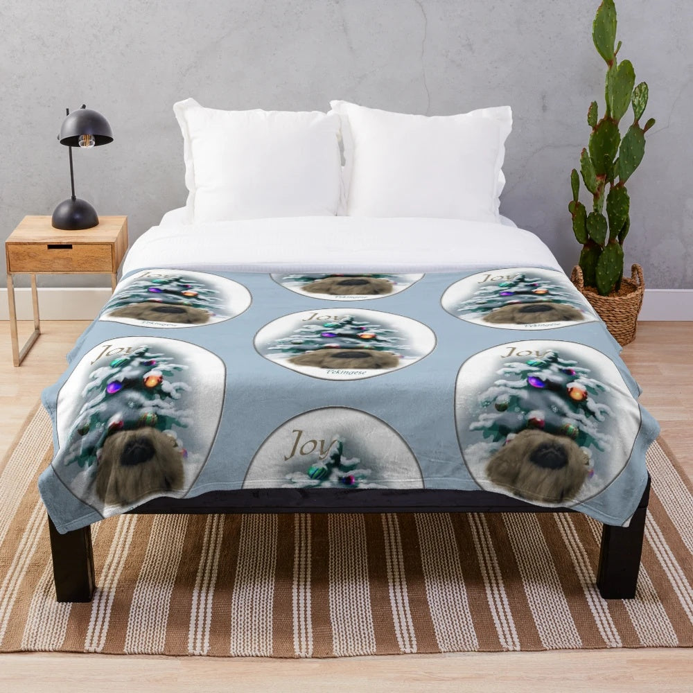 Pekingese dog cuddled in a soft, plush holiday blanket