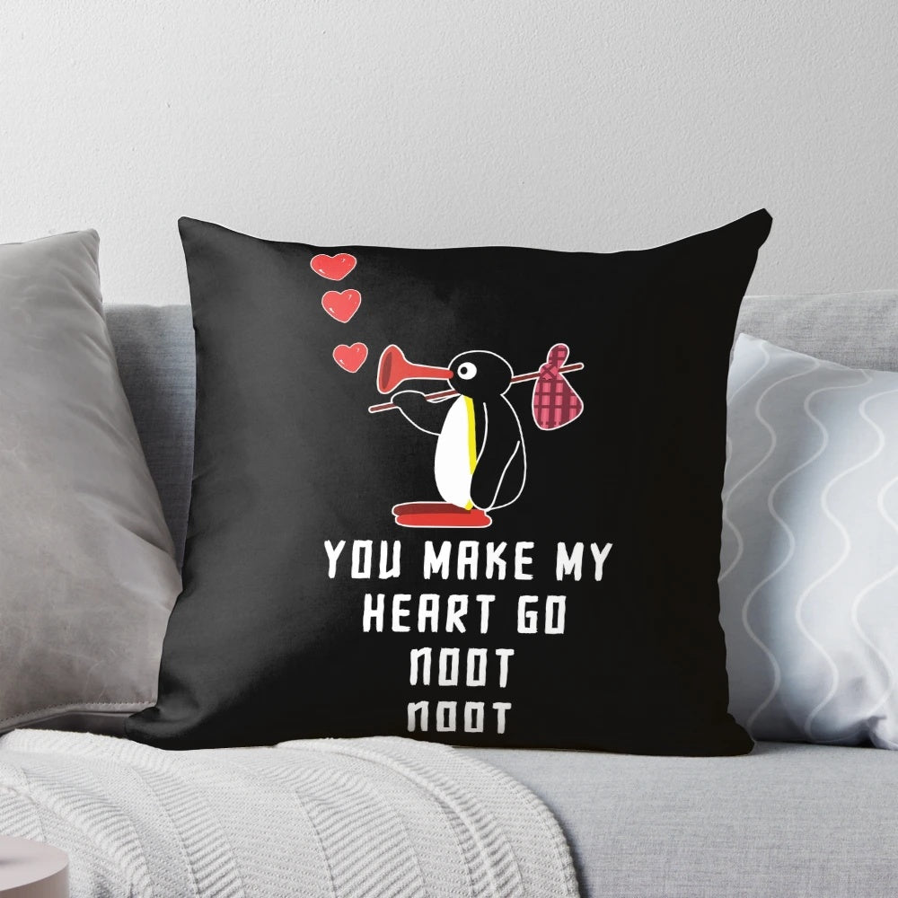 Soft, plush penguin-themed pillow with "noot noot" design, perfect for Pingu fans and home decor.