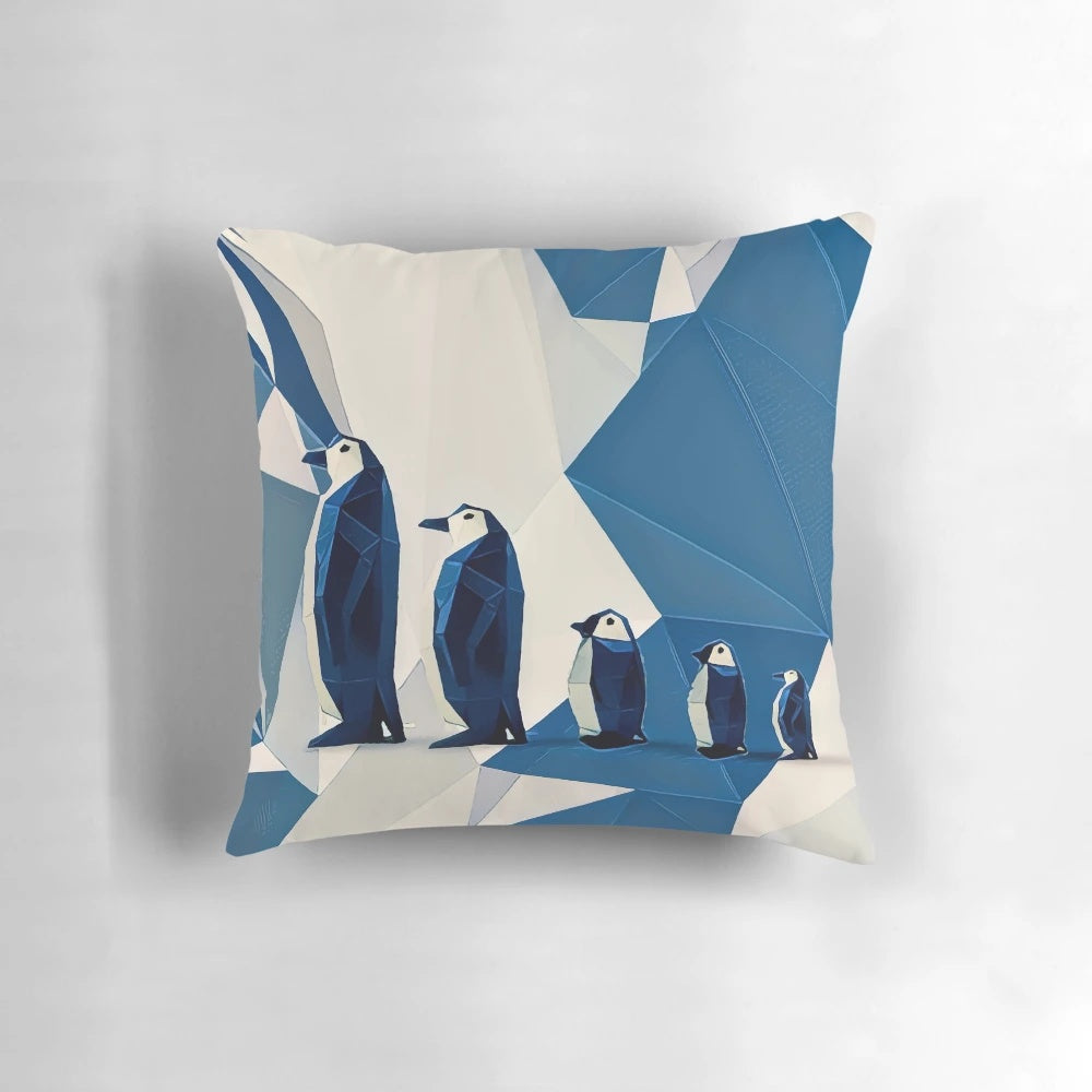 A plush, geometric penguin-shaped pillow with a white and blue color scheme, perfect for adding a touch of ocean-inspired style to your living space.
