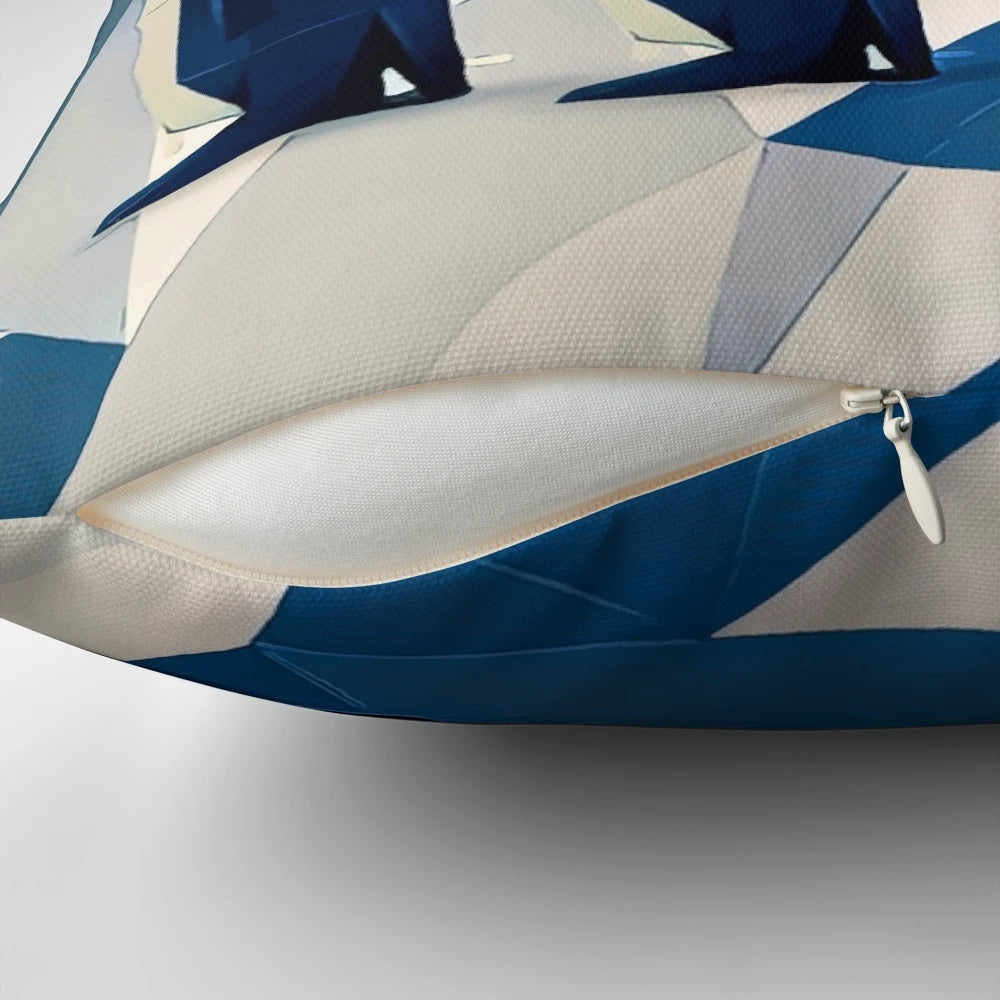 A plush, geometric penguin-shaped pillow with a white and blue color scheme, perfect for adding a touch of ocean-inspired style to your living space.
