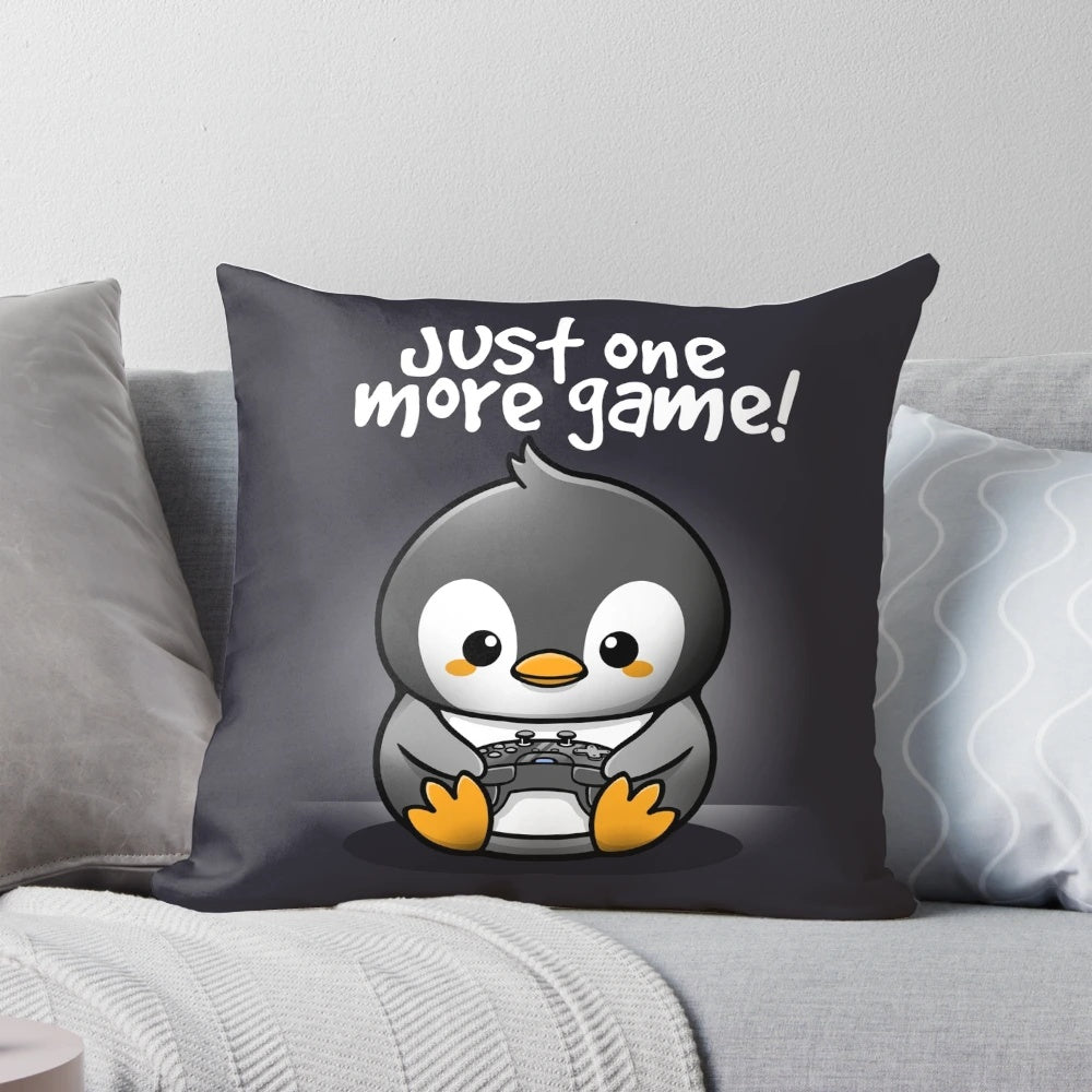A soft, plush pillow featuring a cute penguin design, perfect for gaming enthusiasts.