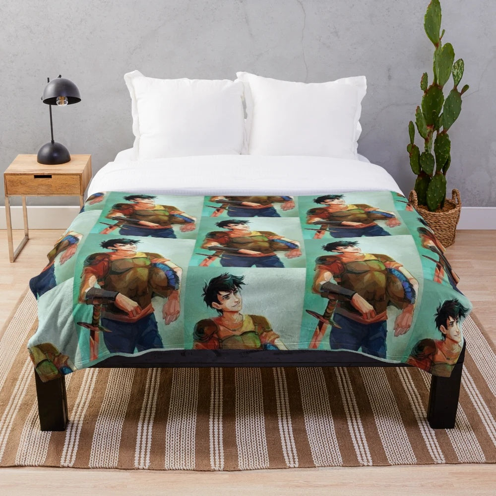 Percy Jackson themed plush blanket with character details