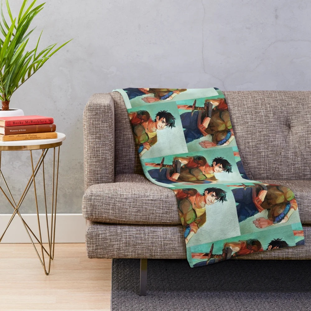 Percy Jackson themed plush blanket with character details