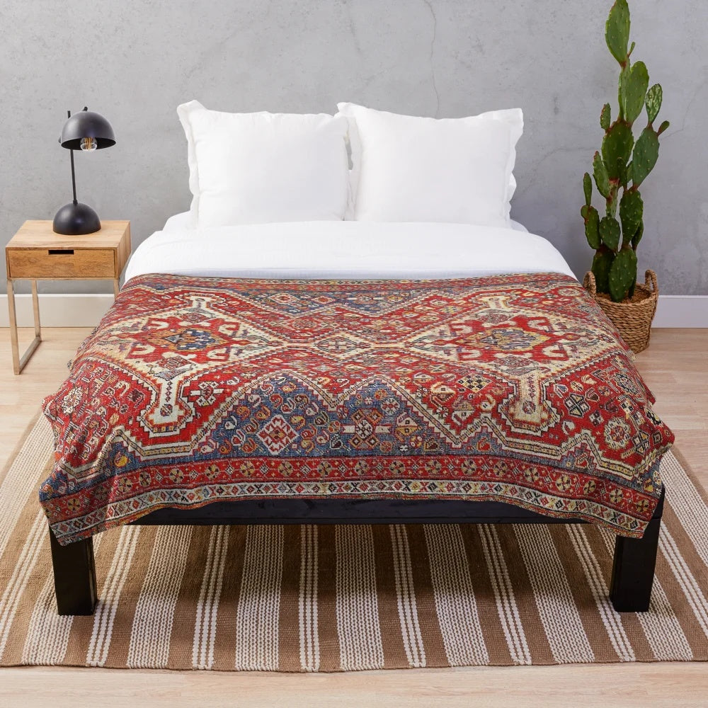 Red and blue plush blanket with Persian-style Qashqai rug design