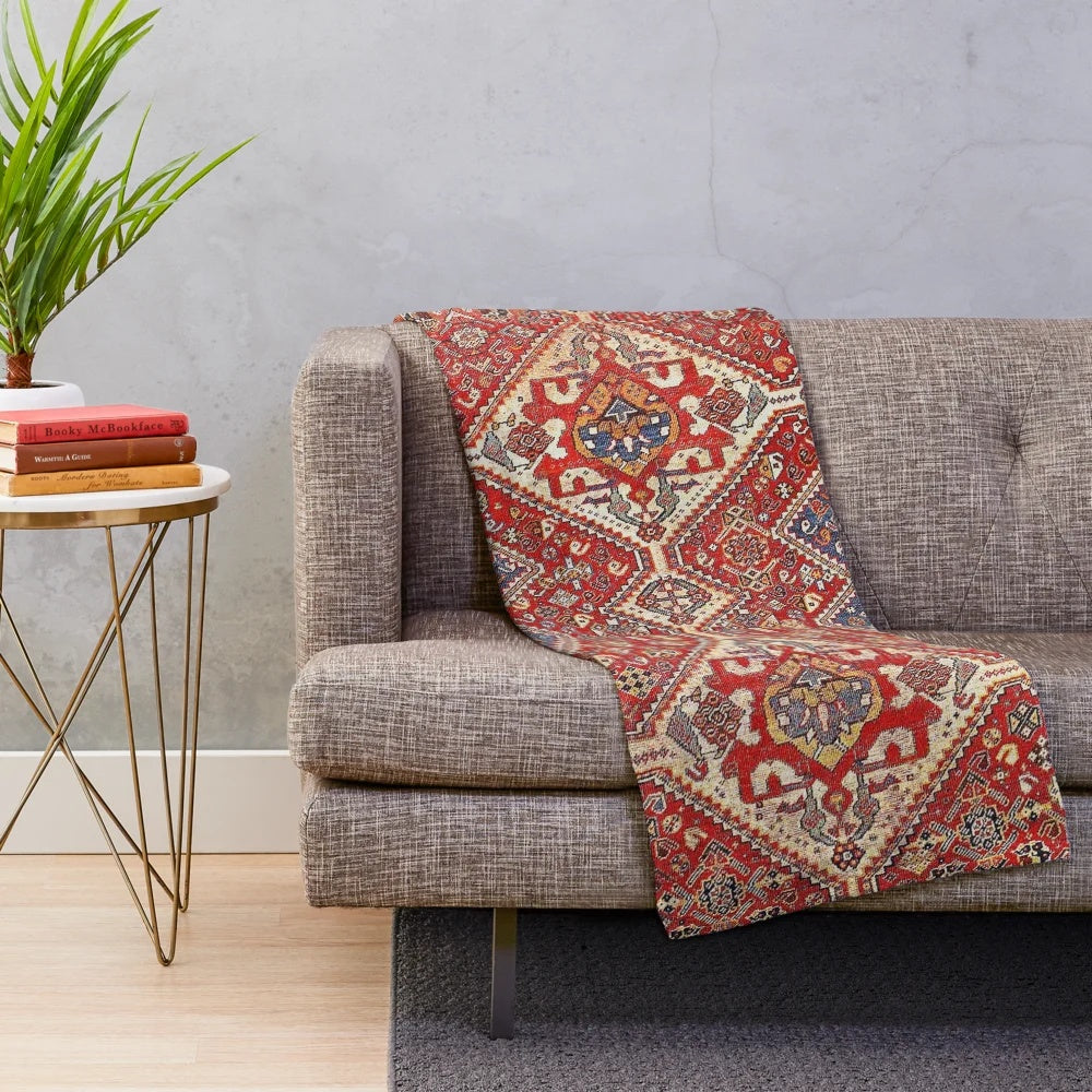 Red and blue plush blanket with Persian-style Qashqai rug design