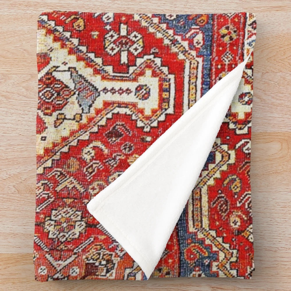 Red and blue plush blanket with Persian-style Qashqai rug design