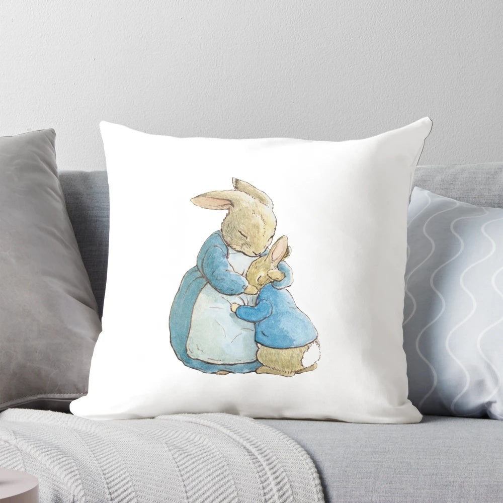 A soft, plush pillow featuring the iconic Peter Rabbit character from Beatrix Potter's timeless children's stories.