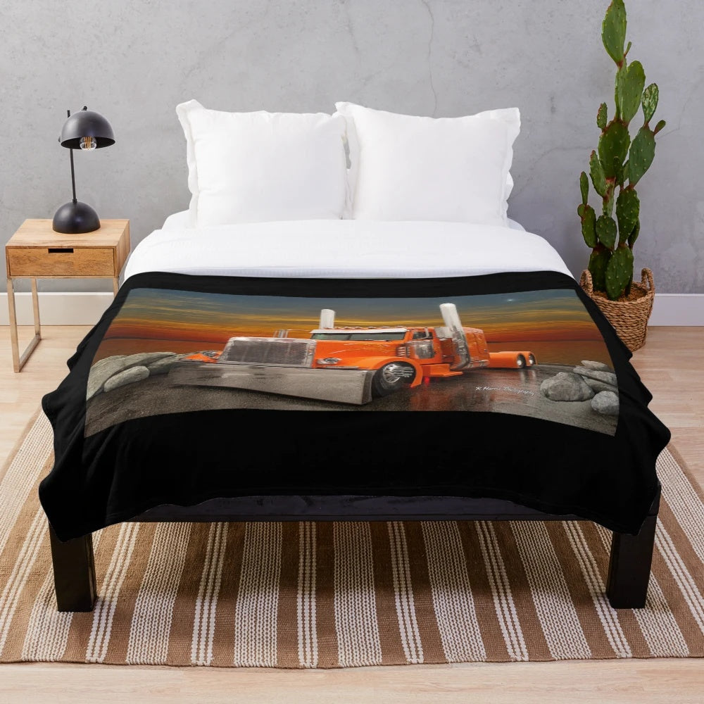 Orange Peterbilt-inspired plush blanket