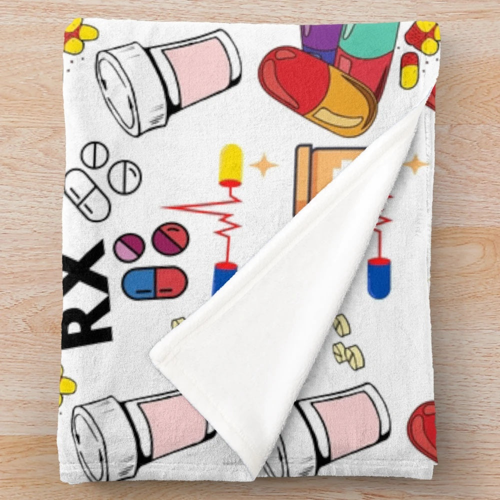 Plush blanket with pharmacy-inspired pill pattern design