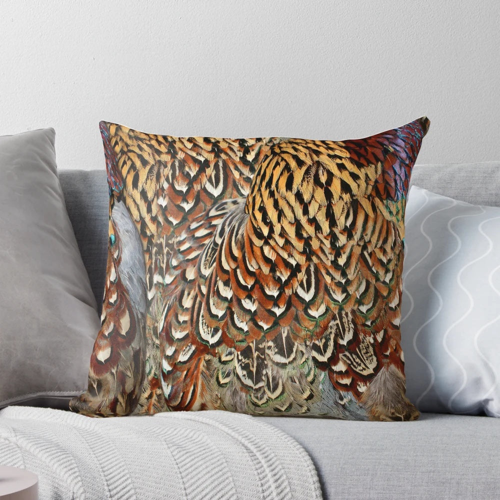 Soft, colorful pheasant feathers in a decorative Moose Disco pillow