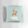 A decorative pillow featuring a whimsical design of various animals gazing at a starry night sky.