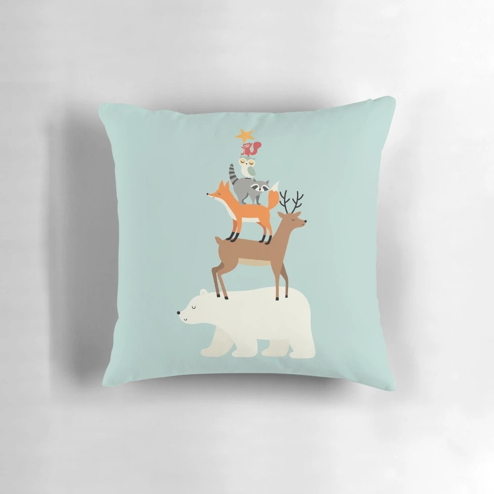 A decorative pillow featuring a whimsical design of various animals gazing at a starry night sky.