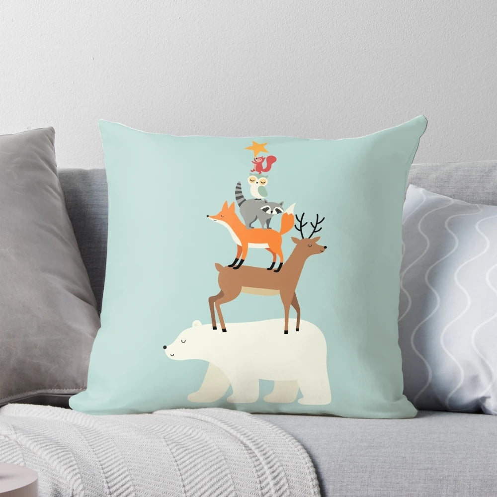 A decorative pillow featuring a whimsical design of various animals gazing at a starry night sky.