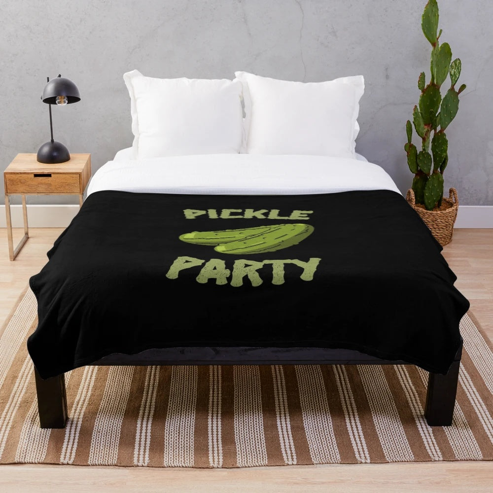 Pickle-themed plush blanket with cartoon design