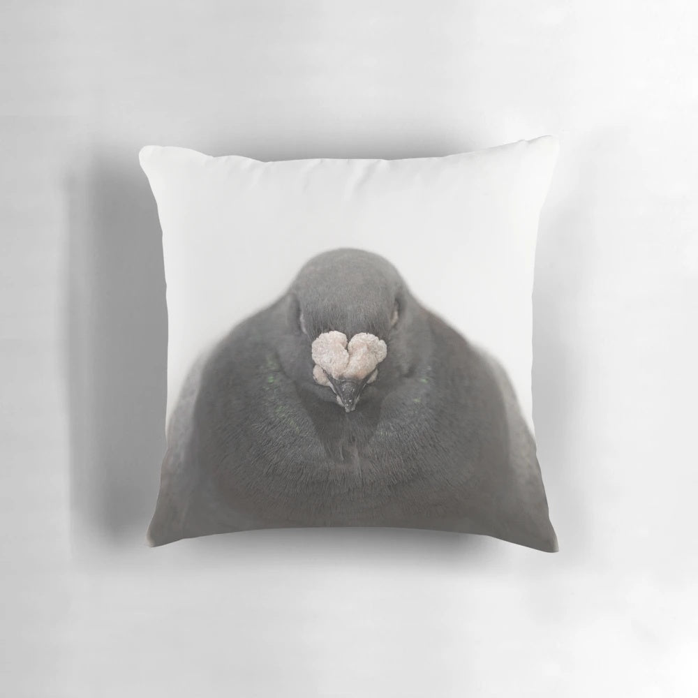 Soft, plush pillow featuring a charming illustration of a round, fluffy pigeon.