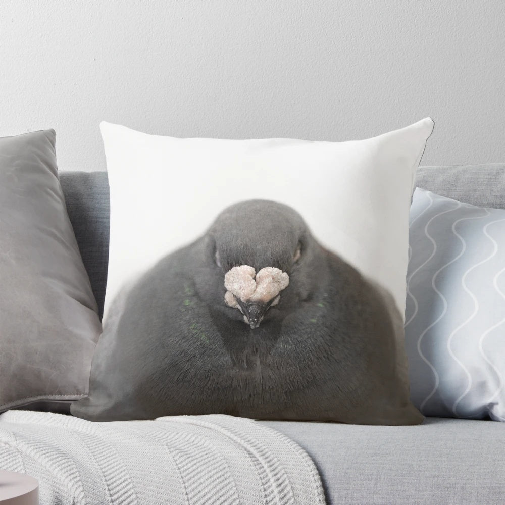 Soft, plush pillow featuring a charming illustration of a round, fluffy pigeon.