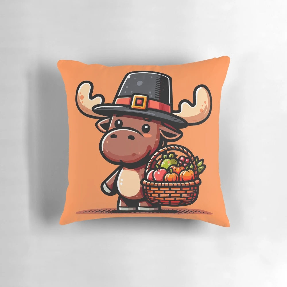 Soft and plush Pilgrim Moose Thanksgiving holiday pillow in a kawaii, harvest-inspired design.
