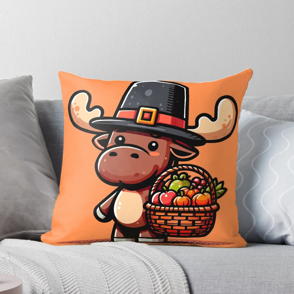Soft and plush Pilgrim Moose Thanksgiving holiday pillow in a kawaii, harvest-inspired design.