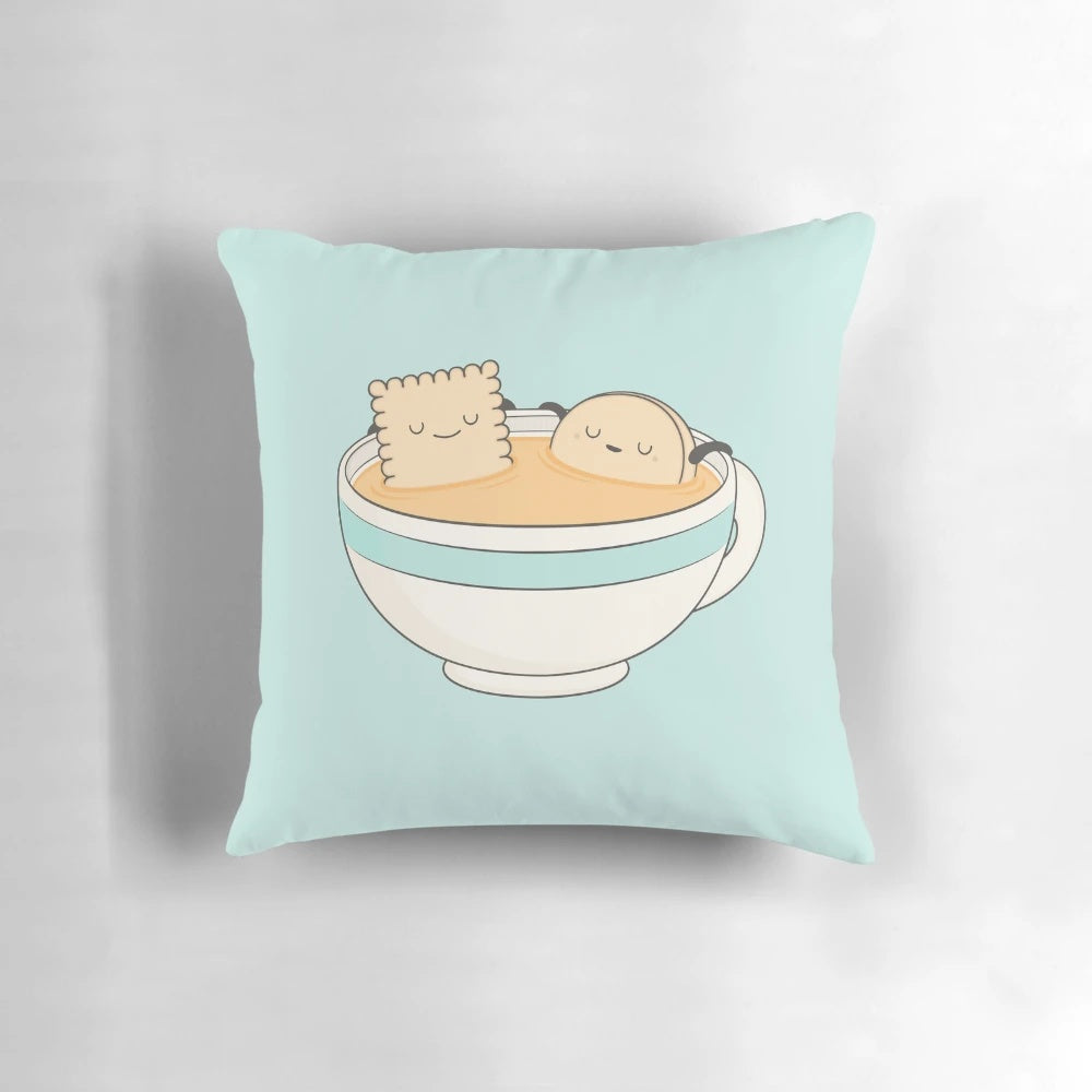 A soft, plush pillow with a cartoon design, perfect for sipping tea and relaxing.